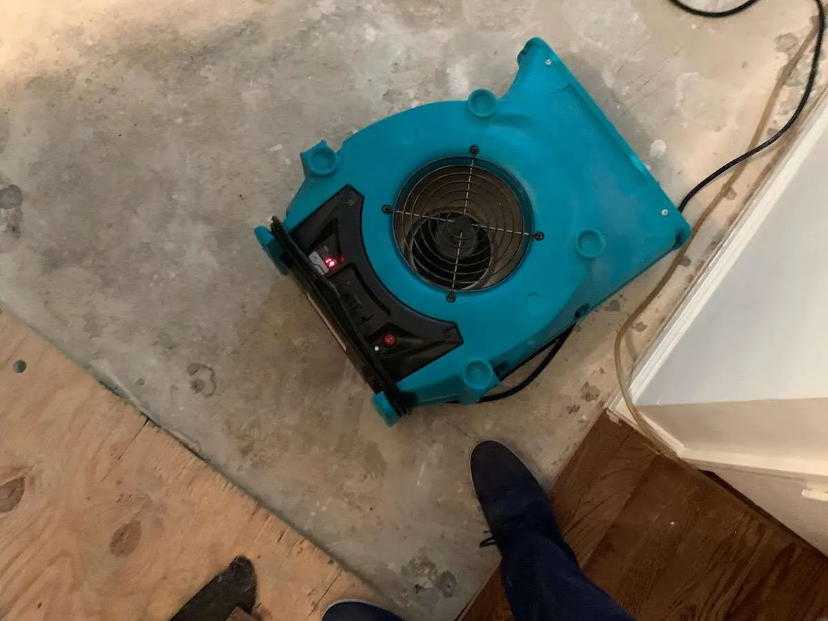 Air mover drying subfloor during Commercial Water Damage Restoration in East Rockhill